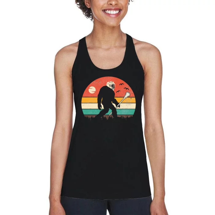 Funny Bigfoot Sasquatch Lacrosse Lax Vintage Sunset Women's Racerback Tank