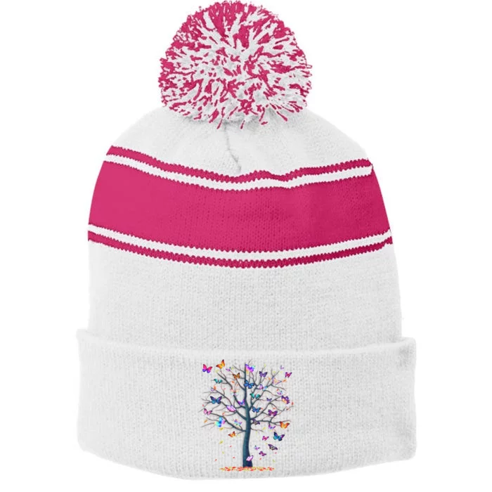 Funny Butterfly Saying Grey Classic Fit Stripe Pom Pom Beanie