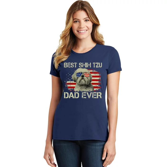 Funny Best Shih Tzu Dad Ever Dog Lover American Flag Gift Women's T-Shirt