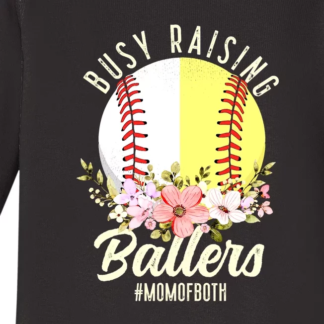 Funny Baseball Softball Mom Of Both Busy Raising Ballers Baby Long Sleeve Bodysuit