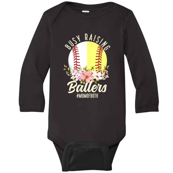 Funny Baseball Softball Mom Of Both Busy Raising Ballers Baby Long Sleeve Bodysuit