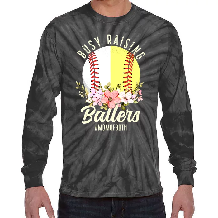 Funny Baseball Softball Mom Of Both Busy Raising Ballers Tie-Dye Long Sleeve Shirt