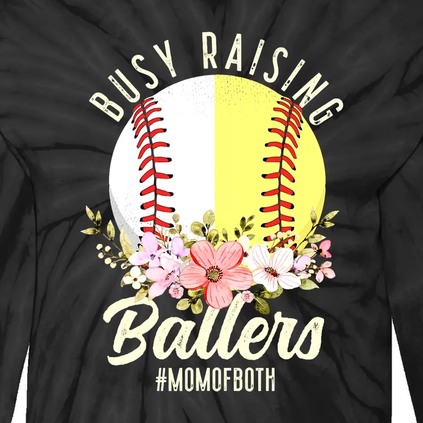 Funny Baseball Softball Mom Of Both Busy Raising Ballers Tie-Dye Long Sleeve Shirt