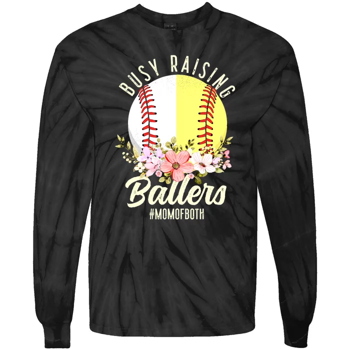 Funny Baseball Softball Mom Of Both Busy Raising Ballers Tie-Dye Long Sleeve Shirt