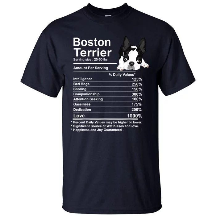 Funny Boston Terrier Facts Nutrition Gift Boston Terrier Mom Tall T-Shirt