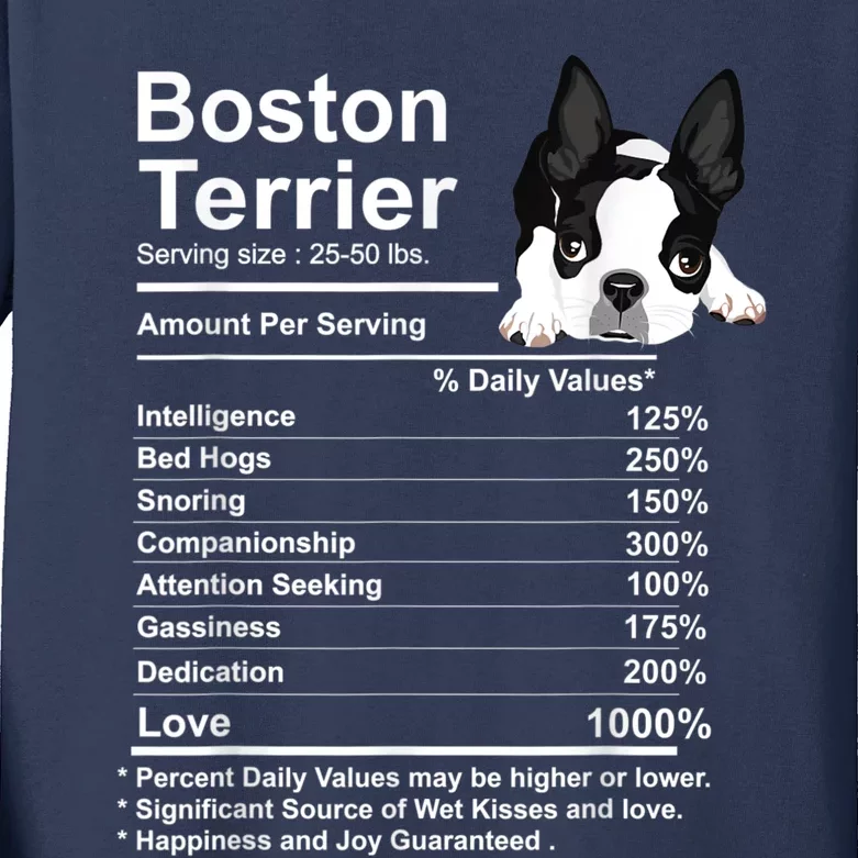 Funny Boston Terrier Facts Nutrition Gift Boston Terrier Mom Kids Long Sleeve Shirt