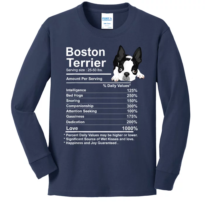 Funny Boston Terrier Facts Nutrition Gift Boston Terrier Mom Kids Long Sleeve Shirt