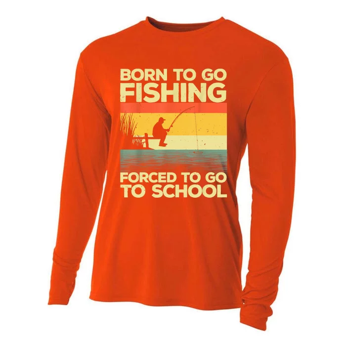 Funny Born To Fishing Forced To Go To School Meme Fishing Fisherman Fish Trout Cooling Performance Long Sleeve Crew