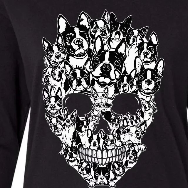 Funny Boston Terrier Skull Dog Skeleton Halloween Womens Cotton Relaxed Long Sleeve T-Shirt