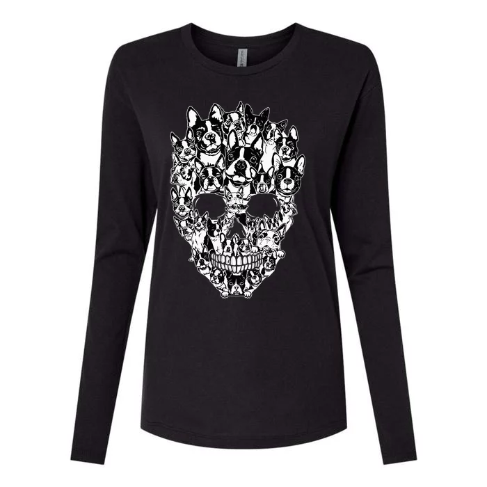 Funny Boston Terrier Skull Dog Skeleton Halloween Womens Cotton Relaxed Long Sleeve T-Shirt