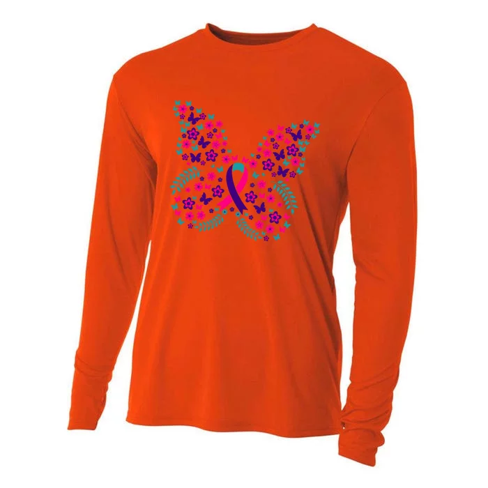 Flower Butterfly Thyroid Cancer Awareness Ribbon Funny Gift Great Gift Cooling Performance Long Sleeve Crew