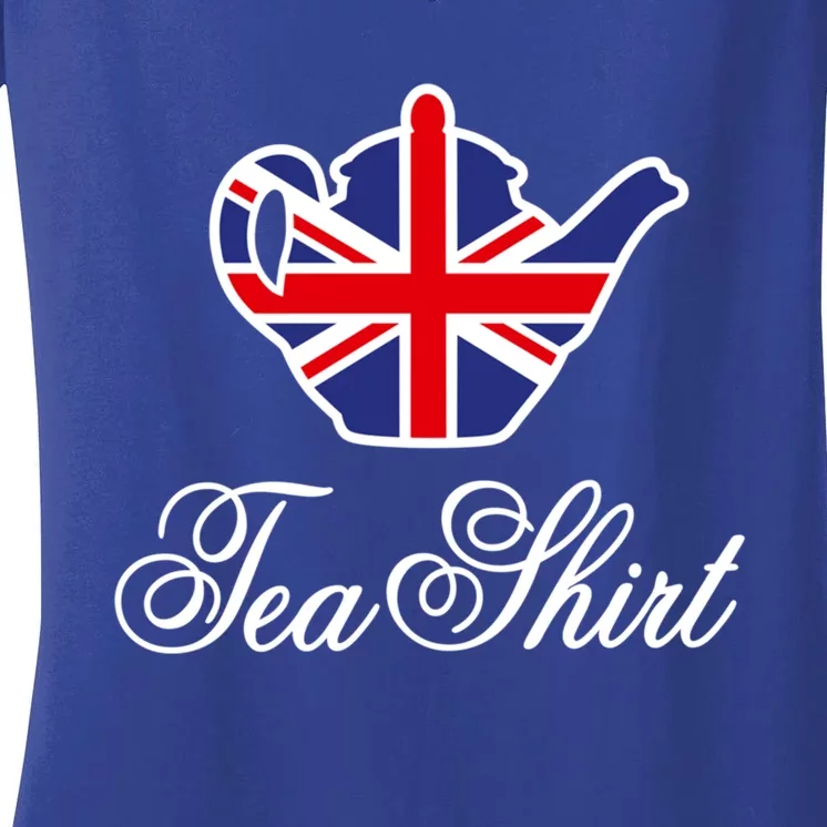 Funny British Tea Gift Uk Teapot Union Jack Flag Tea Pun Gift Women's V-Neck T-Shirt