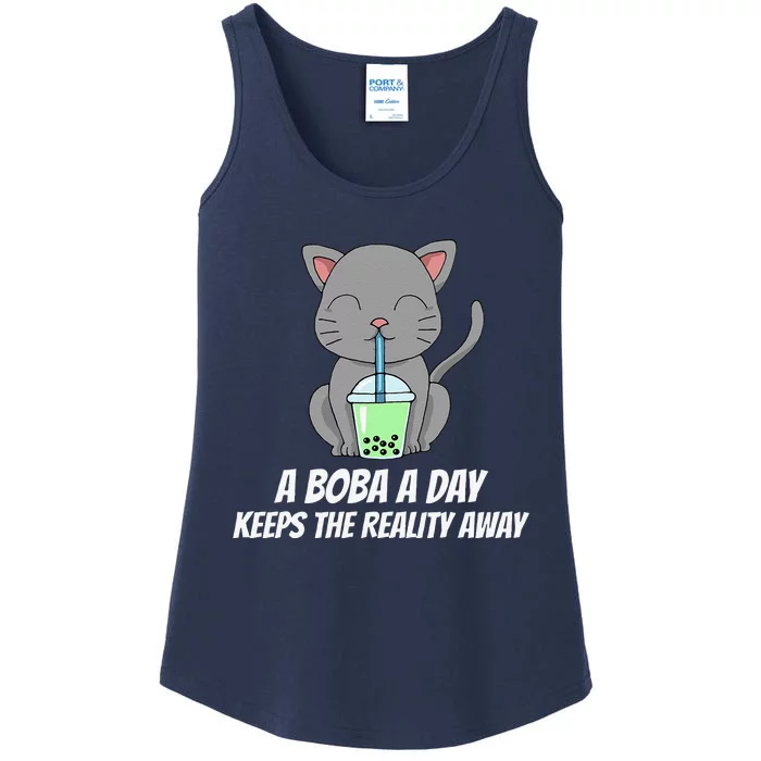 Funny Bubble Tea Cute Tee Cat Drinking Milk Tea Ladies Essential Tank