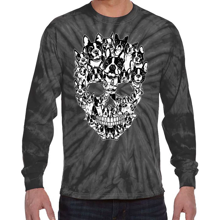 Funny Boston Terrier Skull Dog Skeleton Halloween Tie-Dye Long Sleeve Shirt