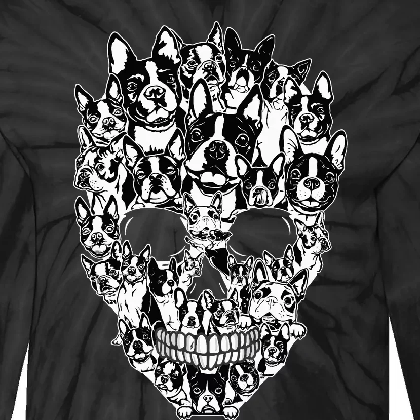 Funny Boston Terrier Skull Dog Skeleton Halloween Tie-Dye Long Sleeve Shirt