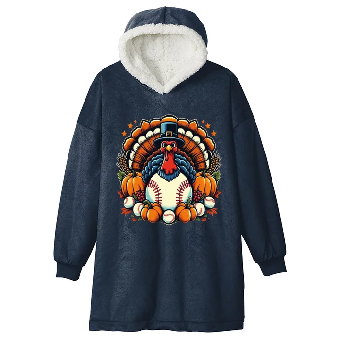 Funny Baseball Turkey Thanksgiving Mom Meaningful Gift Hooded Wearable Blanket