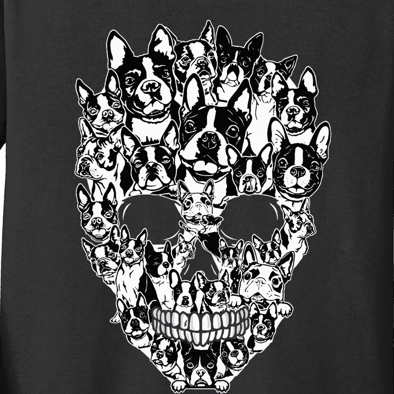 Funny Boston Terrier Skull Dog Skeleton Halloween Kids Long Sleeve Shirt