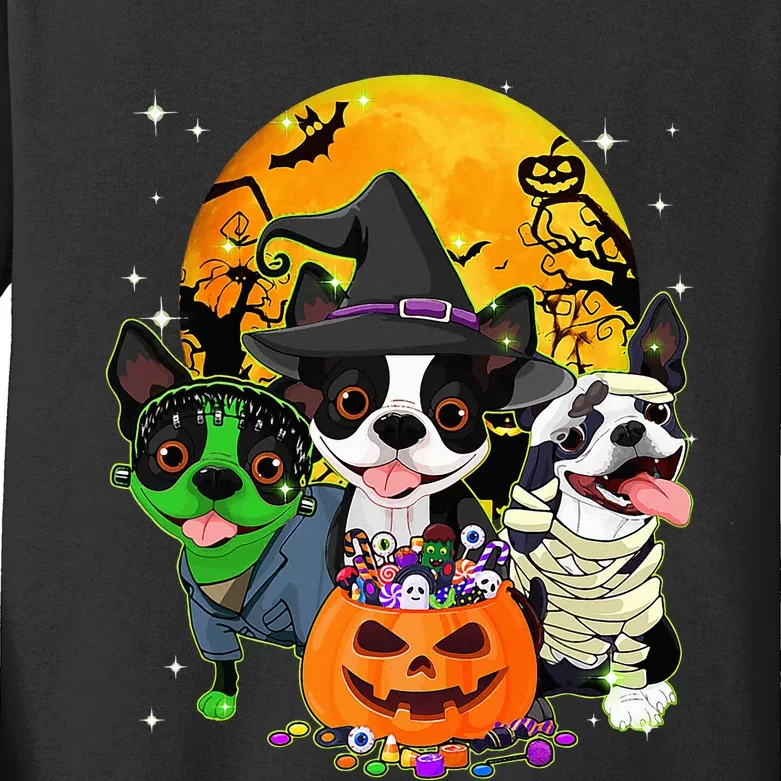 Funny Boston Terrier Witch Halloween Dog Costumes Pumpkin Kids Long Sleeve Shirt