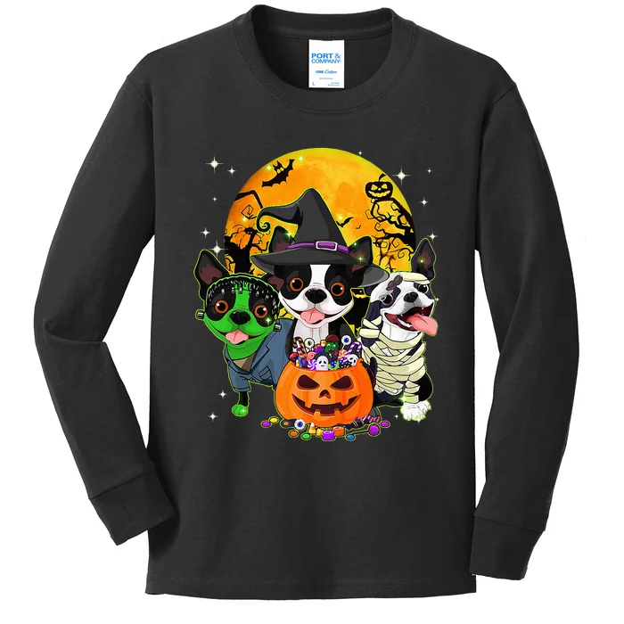 Funny Boston Terrier Witch Halloween Dog Costumes Pumpkin Kids Long Sleeve Shirt