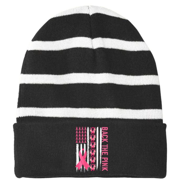 Flag Back The Pink Breast Cancer Awareness Striped Beanie with Solid Band