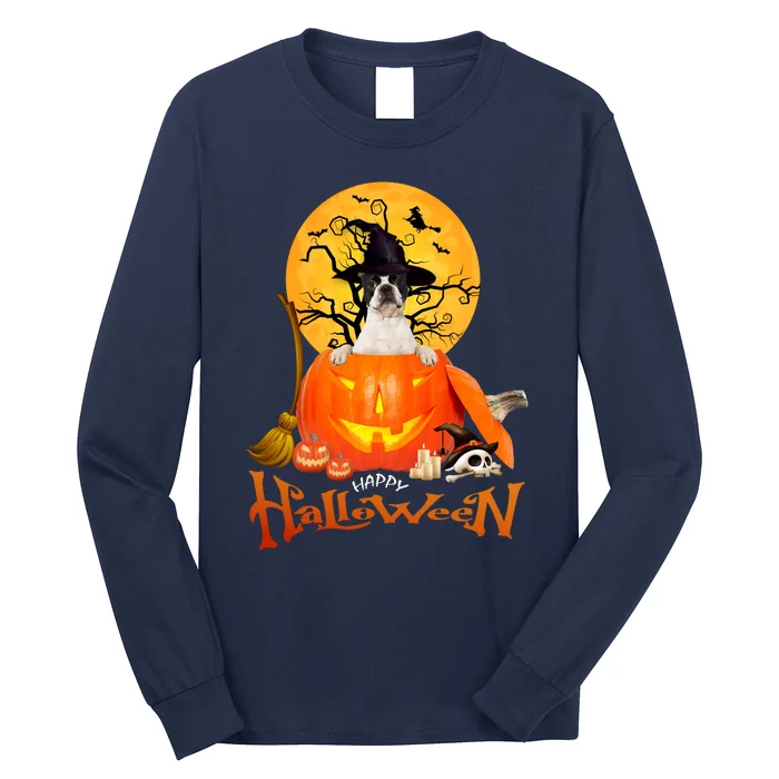 Funny Boston Terrier Dog Spooky Halloween Long Sleeve Shirt