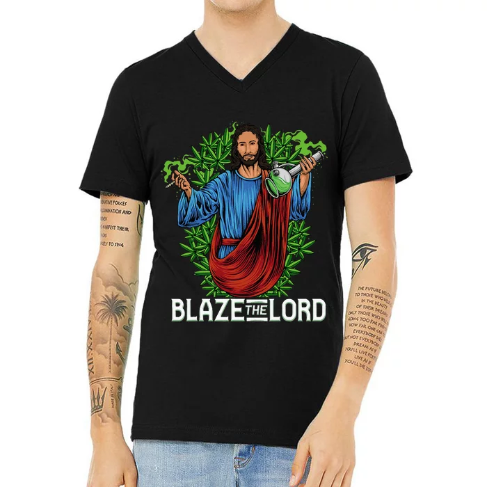 Funny Blaze The Lord High Stoned Jesus 420 Weed Lovers Gift V-Neck T-Shirt