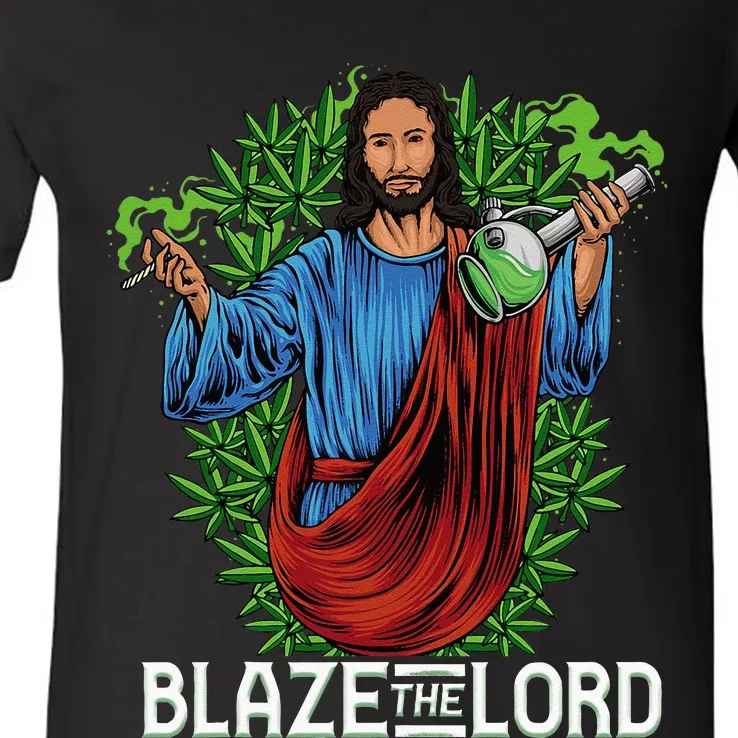 Funny Blaze The Lord High Stoned Jesus 420 Weed Lovers Gift V-Neck T-Shirt