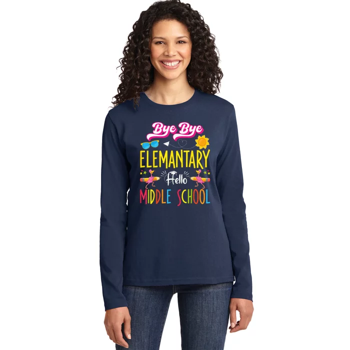 Flamingo Back to School Bye Elementary Hello Middle School Ladies Long Sleeve Shirt