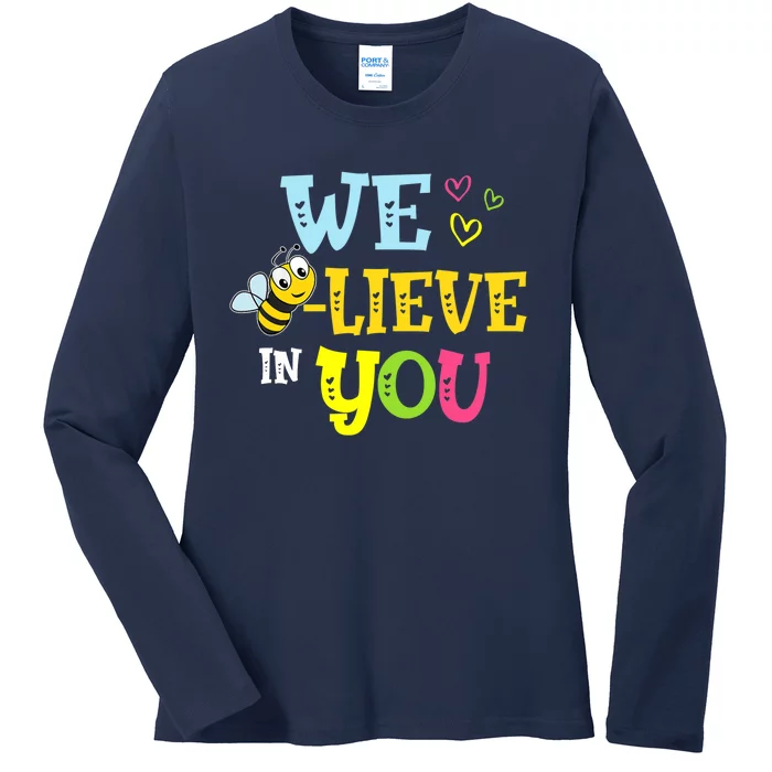 Funny Bee Testing Rock The Test Day Teacher Ladies Long Sleeve Shirt