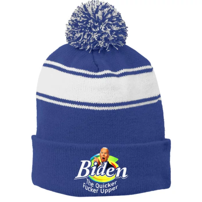 Funny Biden The Quicker FEr Upper Stripe Pom Pom Beanie