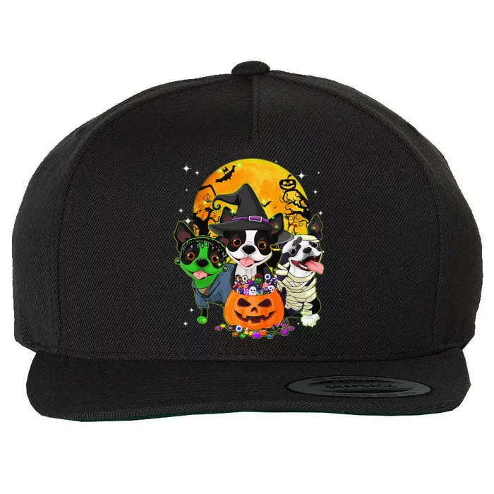 Funny Boston Terrier Witch Halloween Dog Costumes Pumpkin Wool Snapback Cap