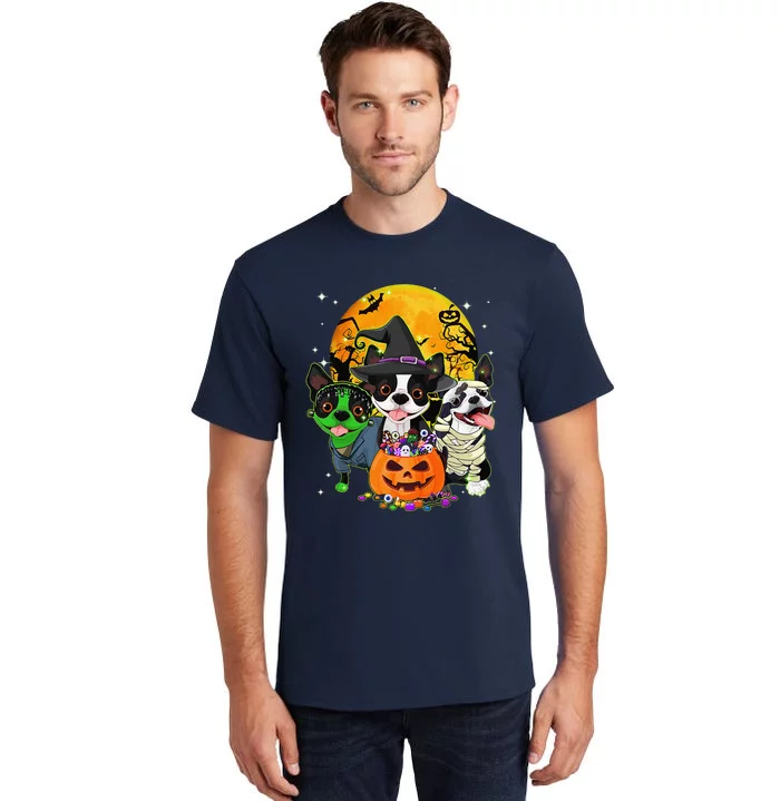 Funny Boston Terrier Witch Halloween Dog Costumes Pumpkin Tall T-Shirt