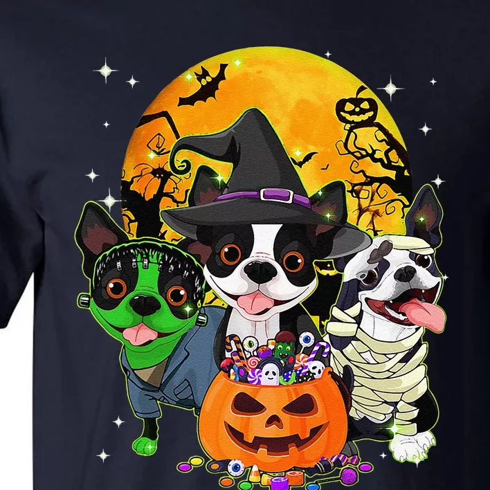 Funny Boston Terrier Witch Halloween Dog Costumes Pumpkin Tall T-Shirt