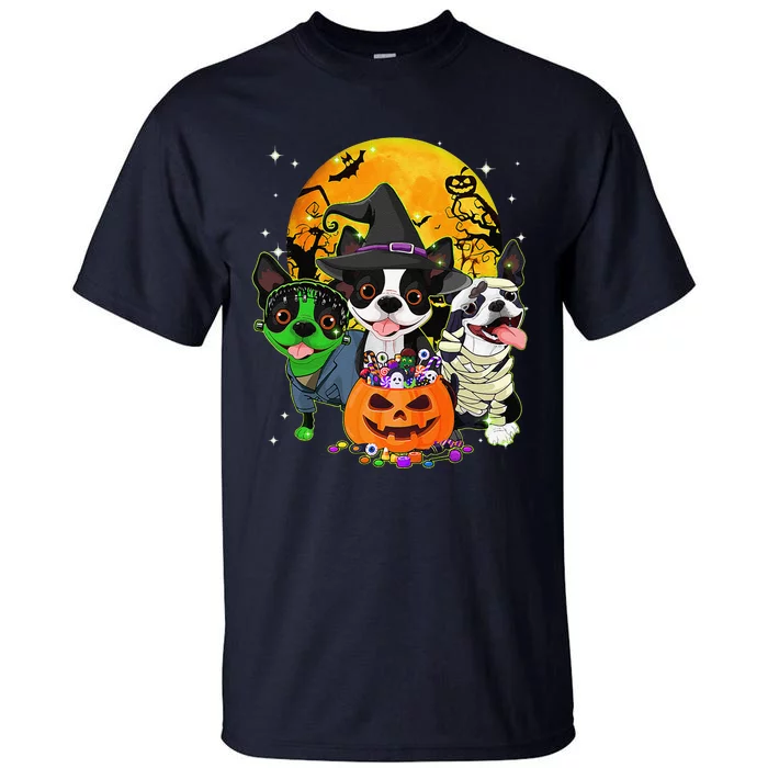 Funny Boston Terrier Witch Halloween Dog Costumes Pumpkin Tall T-Shirt