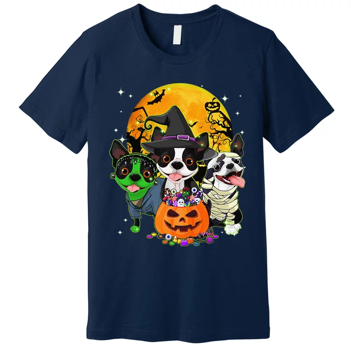 Funny Boston Terrier Witch Halloween Dog Costumes Pumpkin Premium T-Shirt