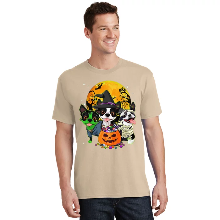 Funny Boston Terrier Witch Halloween Dog Costumes Pumpkin T-Shirt