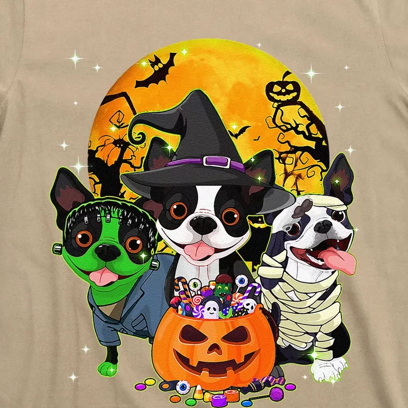 Funny Boston Terrier Witch Halloween Dog Costumes Pumpkin T-Shirt