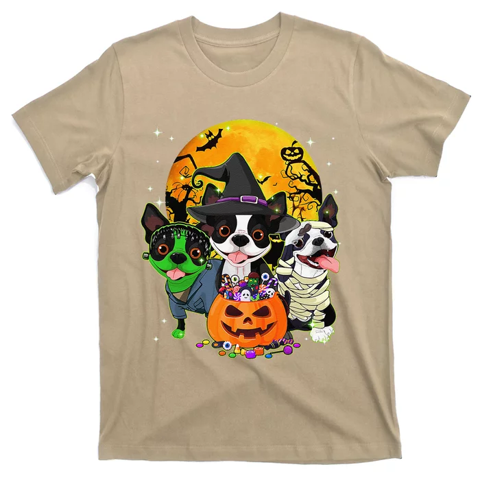 Funny Boston Terrier Witch Halloween Dog Costumes Pumpkin T-Shirt