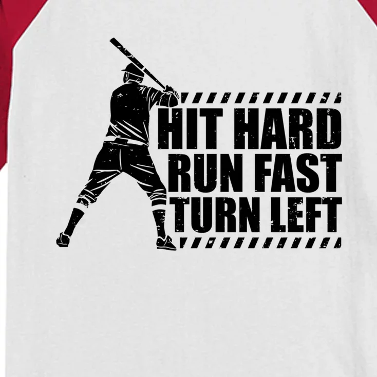 Funny Baseball Team Hit Hard Run Fast Turn Left Baseball Cool Gift Kids Colorblock Raglan Jersey