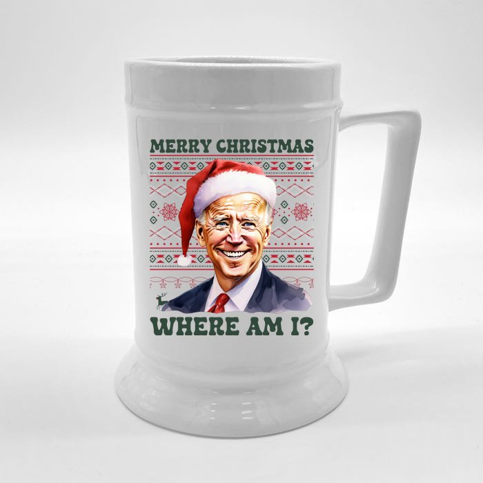 Funny Biden Ugly Christmas Sweater Where Am I Front & Back Beer Stein