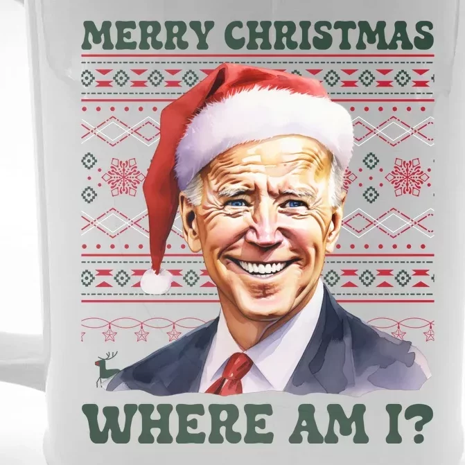 Funny Biden Ugly Christmas Sweater Where Am I Front & Back Beer Stein