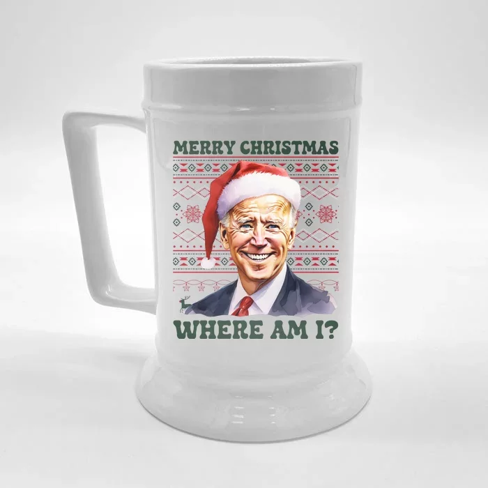 Funny Biden Ugly Christmas Sweater Where Am I Front & Back Beer Stein