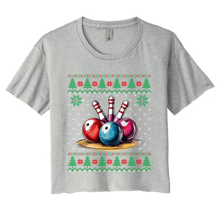 Funny Bowling Ugly Christmas Sweater Sport Bowls Xmas Family Cute Gift Women's Crop Top Tee