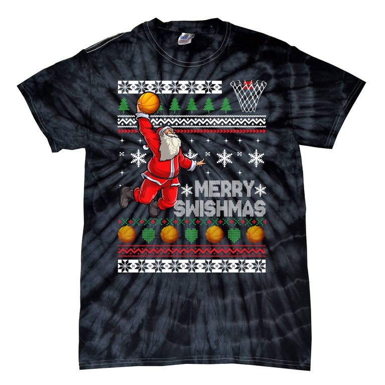 Funny Basketball Ugly Christmas Sweater Santa Merry Swishmas Tie-Dye T-Shirt