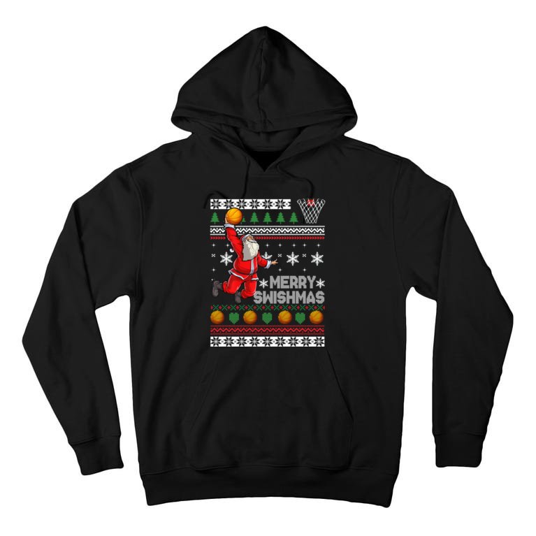 Funny Basketball Ugly Christmas Sweater Santa Merry Swishmas Tall Hoodie