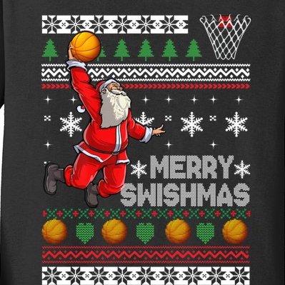 Funny Basketball Ugly Christmas Sweater Santa Merry Swishmas Kids Long Sleeve Shirt
