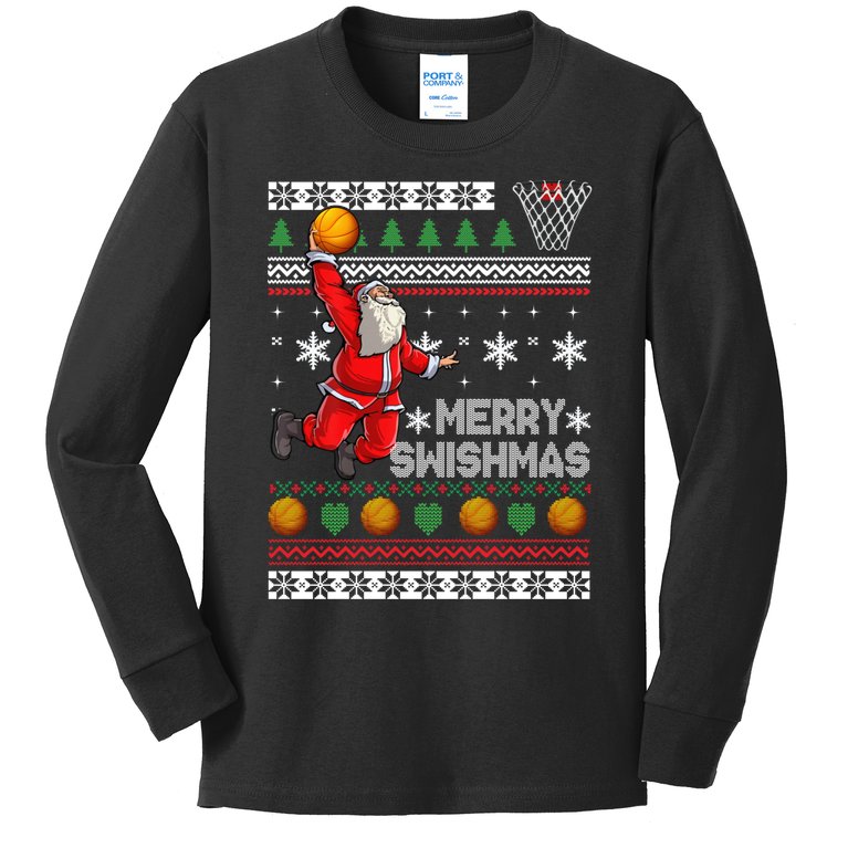 Funny Basketball Ugly Christmas Sweater Santa Merry Swishmas Kids Long Sleeve Shirt