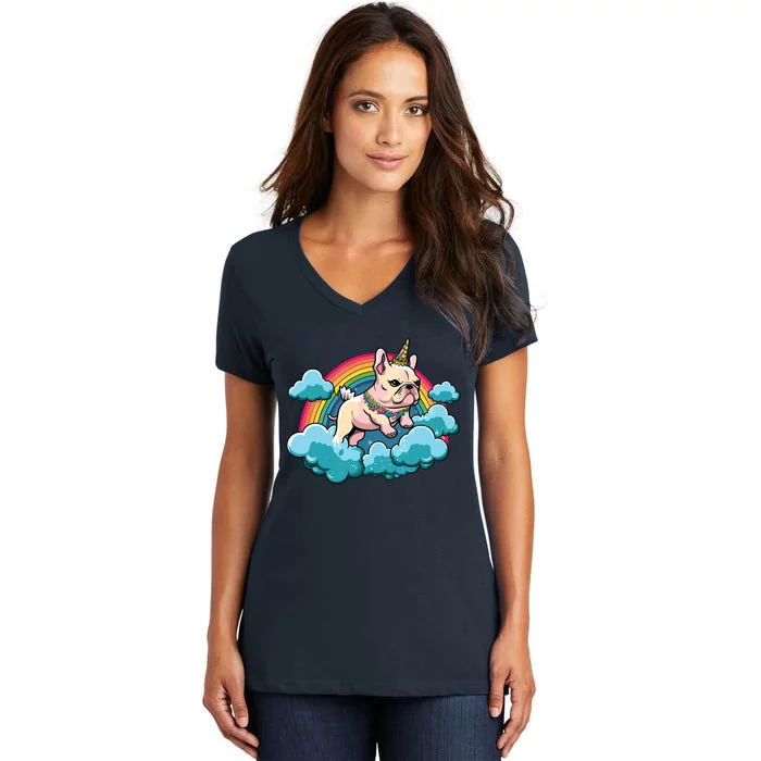 French Bulldog Unicorn Dreamcore Rainbow Graphic Women's V-Neck T-Shirt