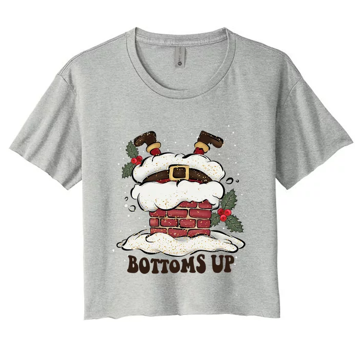 Funny Bottoms Up Santa Claus Christmas Holiday Drinking Women's Crop Top Tee