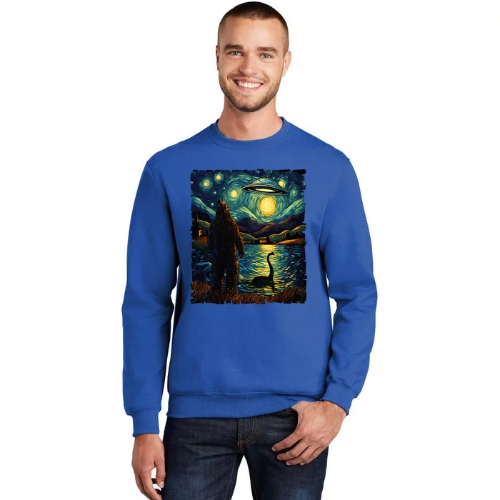 Funny Bigfoot Ufo And Nessie Van Gogh Starry Night Painting Sweatshirt